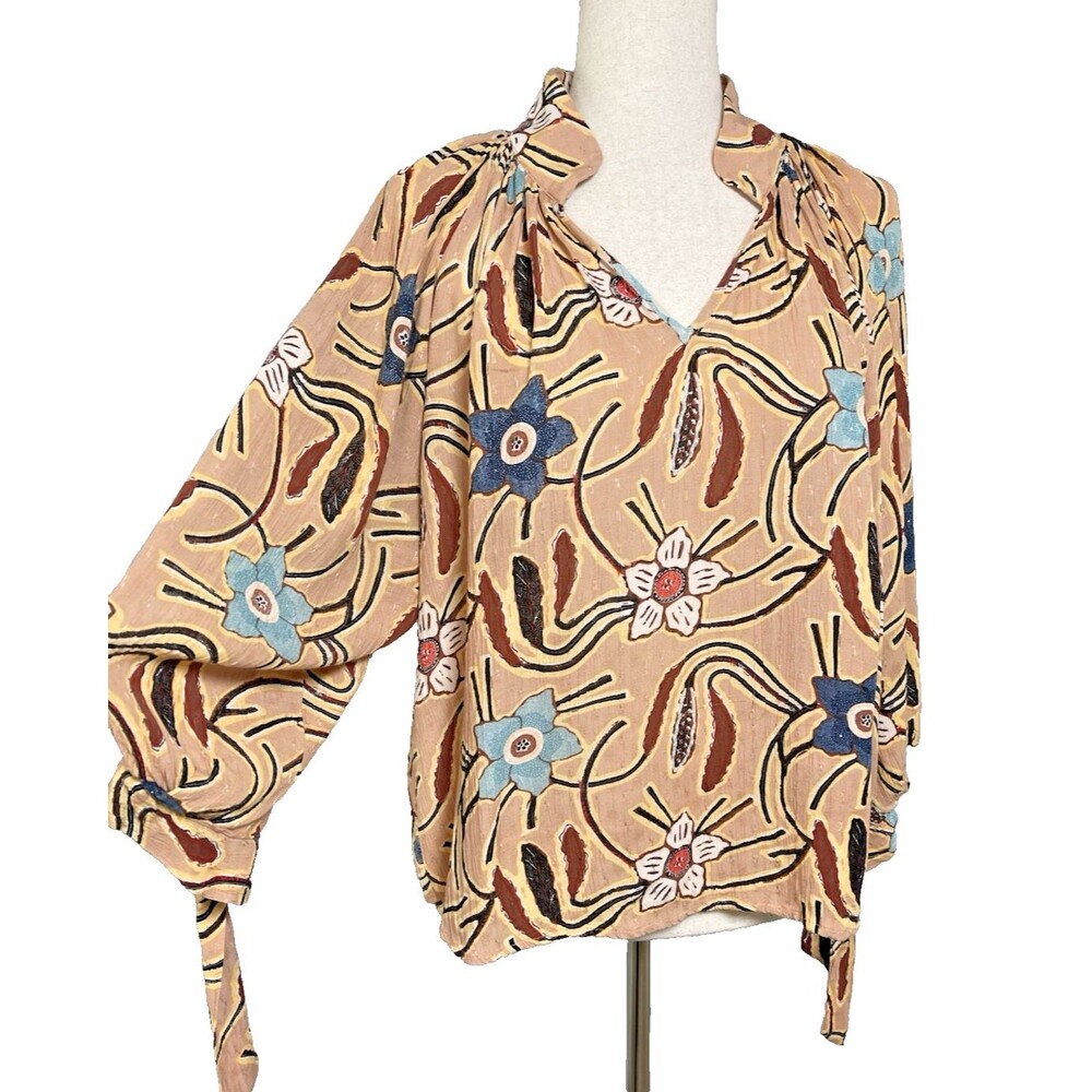 Christian Siriano NWOT Peasant Blouse Fall Floral 3/4 Tie Sleeve Top S Org. $89